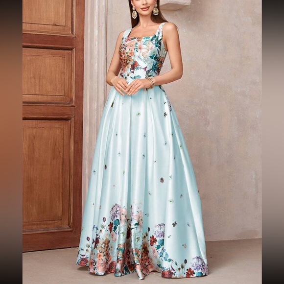 Luxe floral print square neck zip up back party portal gown dress - Picture 5 of 6